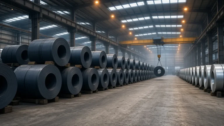 Illustration: rows of dark hot-rolled steel coils and silvery galvanised coils in a warehouse, with a crane lifting a coil