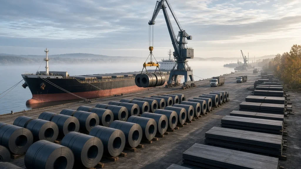 Illustration: harbour crane unloading hot-rolled steel coils at a European port quayside