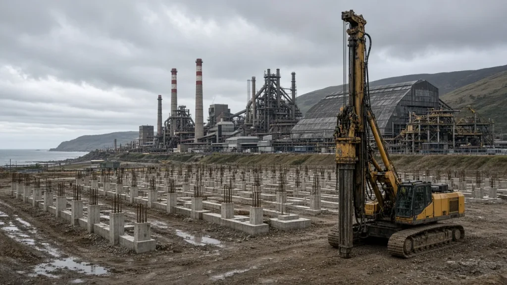 Illustration: a substation under construction with rows of foundation piles beside a steelworks