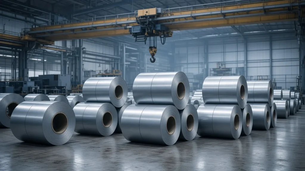 Illustration: bright cold-rolled steel coils stacked in a rolling mill coil yard under an overhead crane