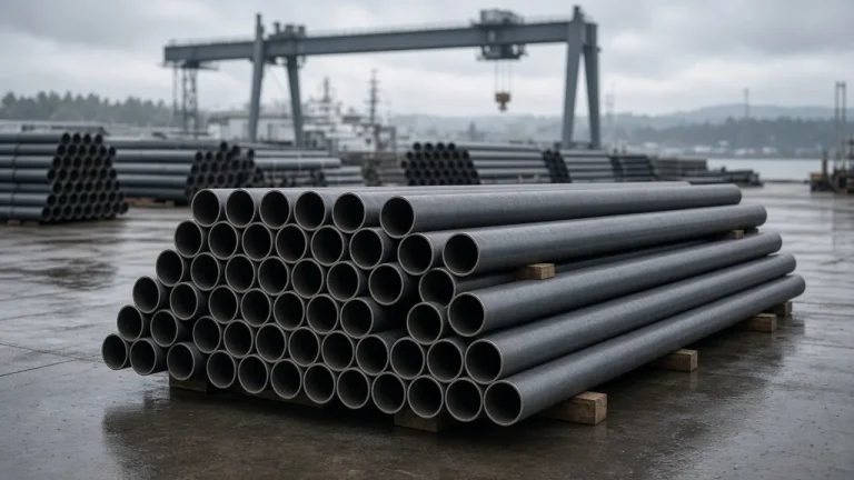 Illustration: stacked bundles of seamless steel tubes in a European port customs yard