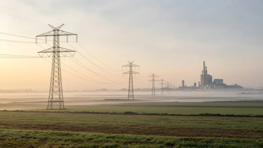 Illustration: high-voltage pylons crossing misty farmland towards a steelworks with a tall process tower