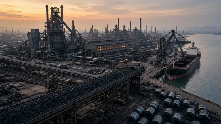 Illustration: a coastal integrated steelworks at dusk with a blast furnace, a coking coal conveyor, steel coils on the quay and a bulk carrier at berth