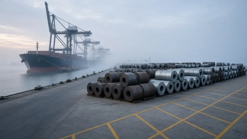 Illustration: rows of steel coils stacked on a European port quay beside a moored bulk carrier at dawn