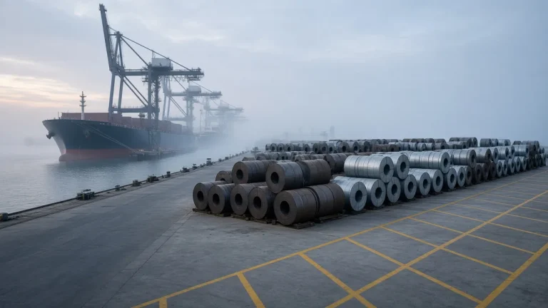 Illustration: rows of steel coils stacked on a European port quay beside a moored bulk carrier at dawn