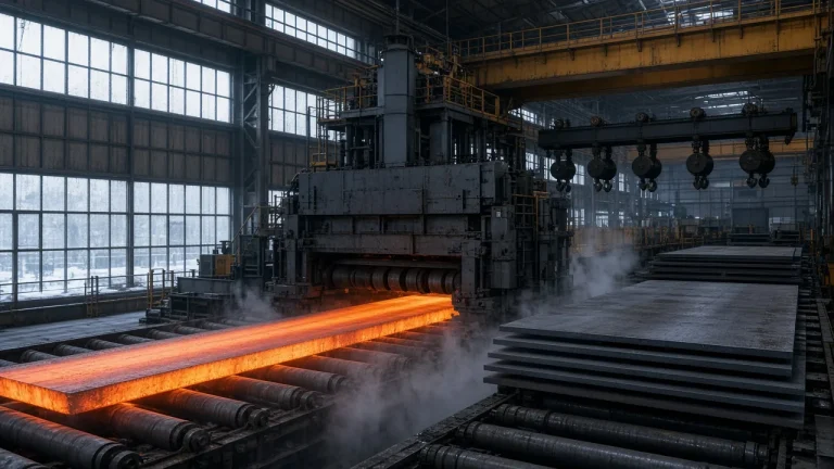 Illustration: a hot steel plate passing through a roller leveller in a Nordic plate mill, with cooled plates stacked nearby