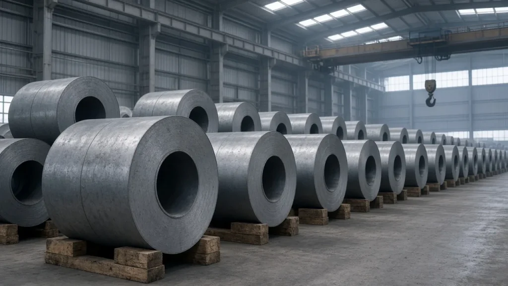 Illustration: rows of hot-rolled stainless steel coils on timber cradles in a European warehouse