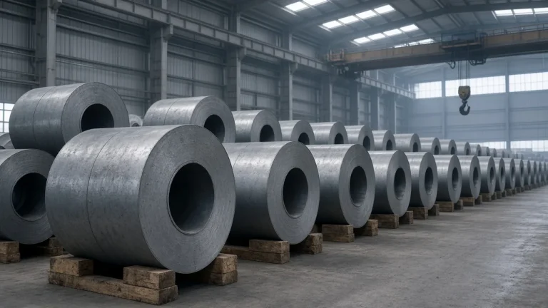 Illustration: rows of hot-rolled stainless steel coils on timber cradles in a European warehouse