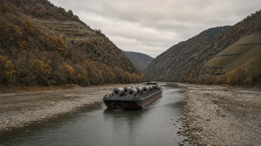 Illustration: a partly loaded barge with steel coils on a low river between exposed gravel banks