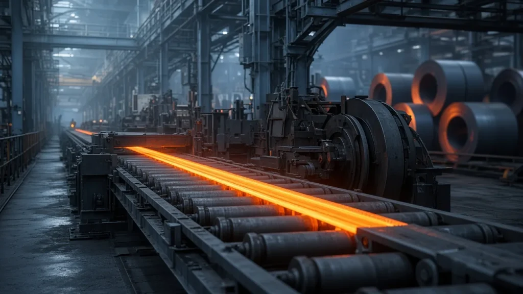 Illustration: glowing steel strip on the roller table of a hot-strip rolling mill