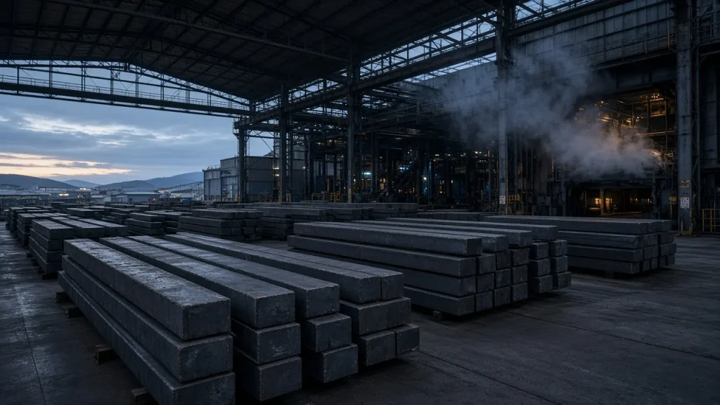 Illustration: stacked steel billets in a specialty mill stockyard beside an EAF building at dusk
