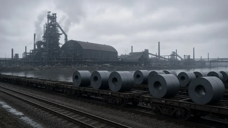 Illustration: steel coils on rail wagons in front of an integrated flat-steel works on a river