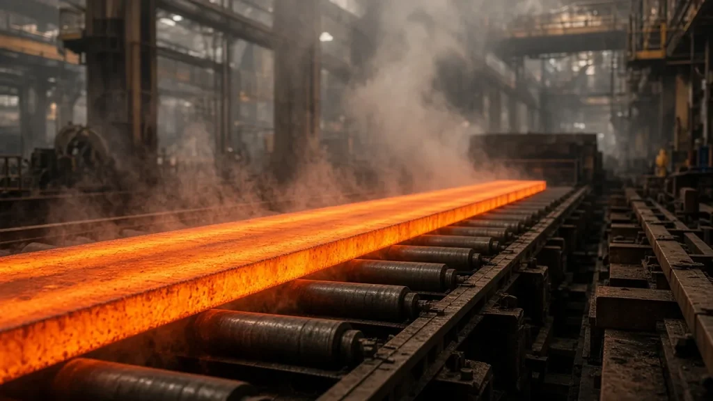 Glowing steel slab moving along a hot strip mill roller table