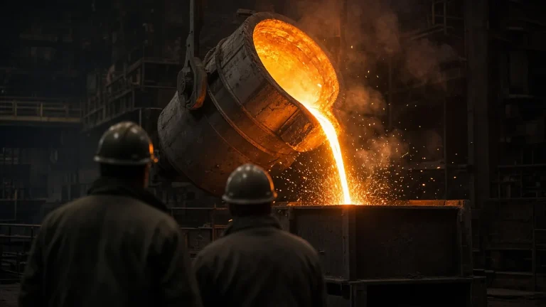 Ladle pouring molten steel in a melt shop, two workers seen from behind