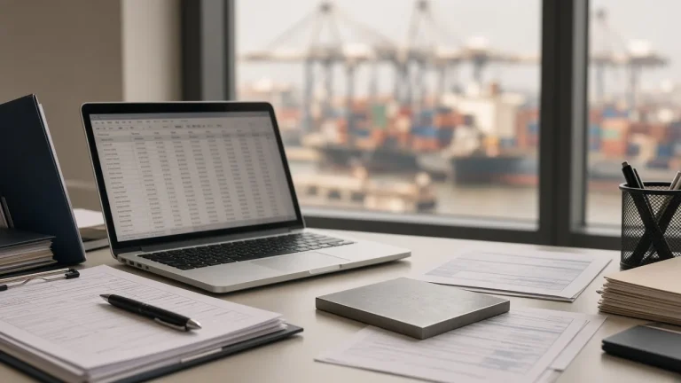 Desk with a laptop, import documents and a notebook, with a container port beyond the window