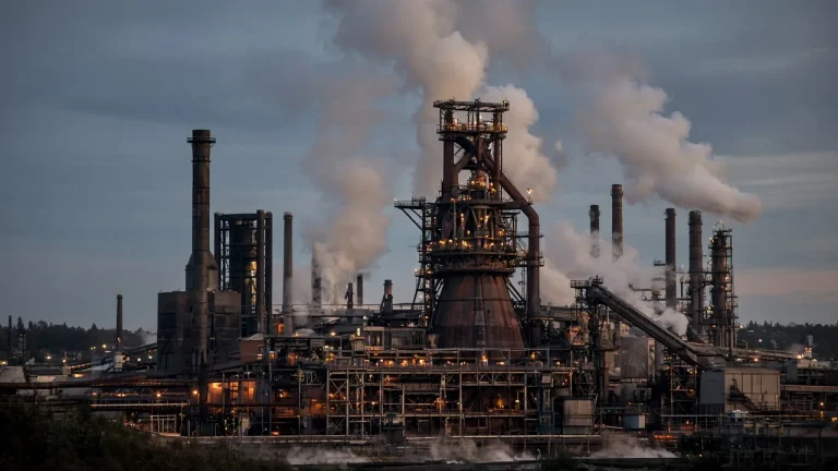 Blast furnace complex at dusk with steam plumes