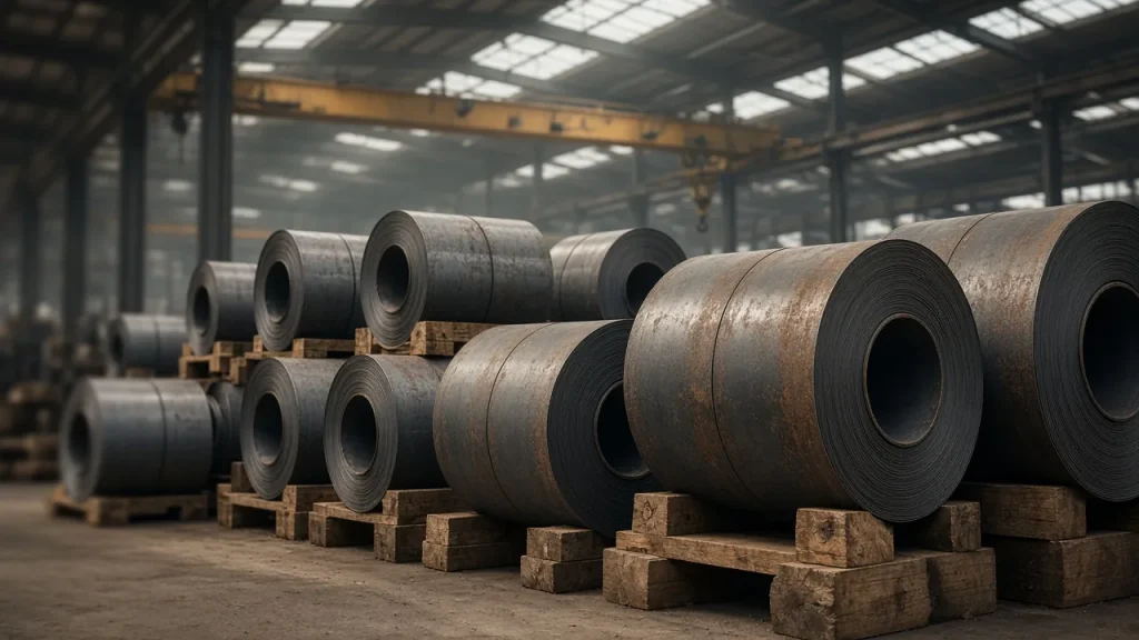 Hot-rolled steel coils stacked in a warehouse