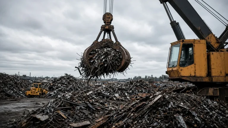 Grab crane lifting ferrous scrap at a scrap yard