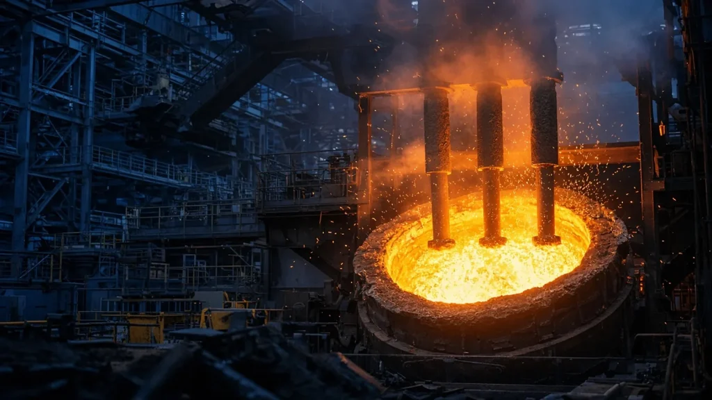 Electric arc furnace glowing under three electrodes in a hazy melt shop