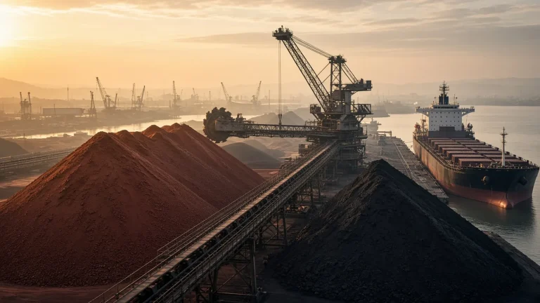 Iron ore and coal stockpiles with a stacker-reclaimer and bulk carrier at a terminal