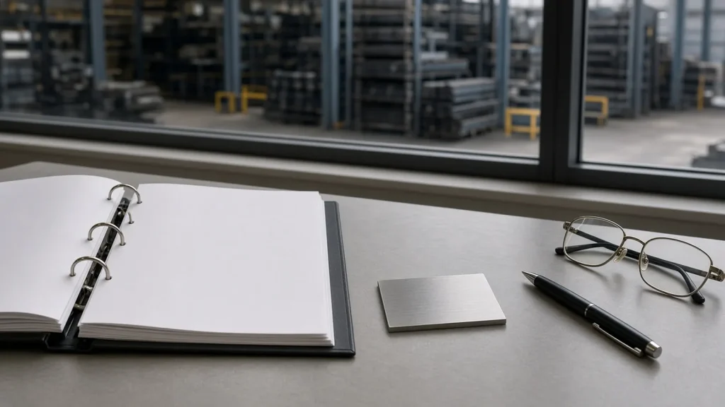 Procurement desk with an open binder, a steel sample and glasses, warehouse blurred behind