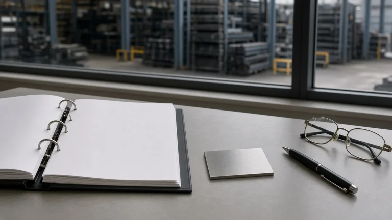 Procurement desk with an open binder, a steel sample and glasses, warehouse blurred behind