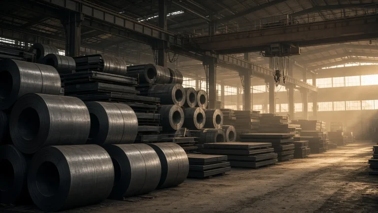 Rows of stacked steel coils and plates in a quiet warehouse with an idle overhead crane