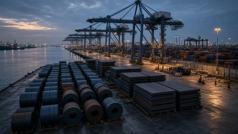 Steel coils and plates waiting on a port quay under cranes at dusk